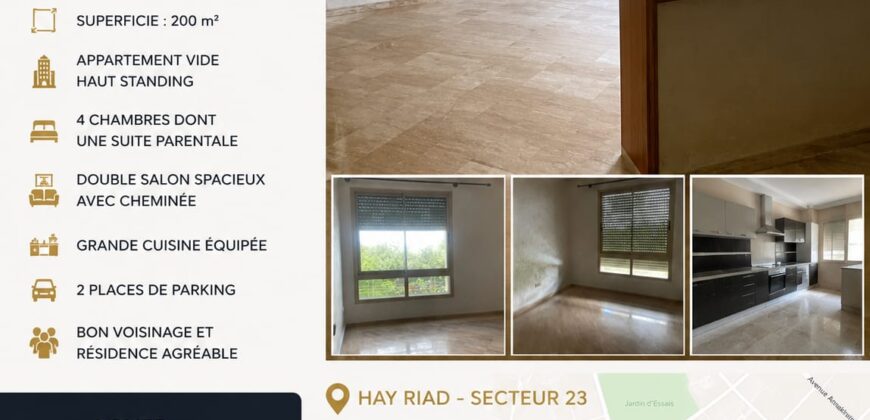 Appartement à louer Hay Riad – 200 m², 4 chambres, double salon