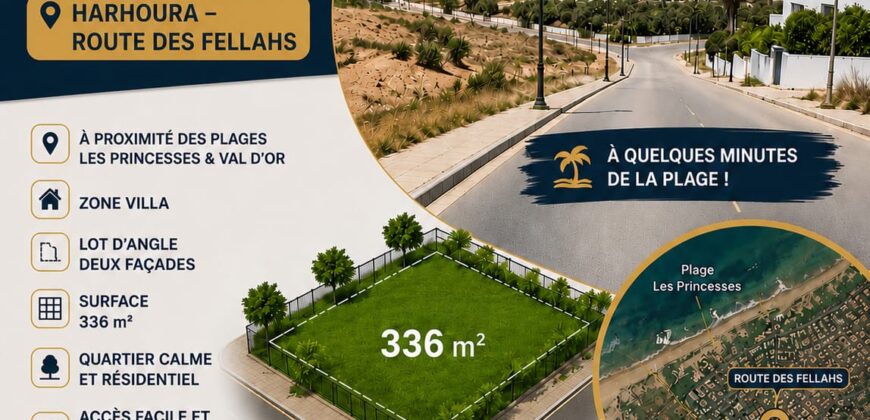 Terrain villa à vendre Harhoura – Lot d’angle 336 m² proche plage