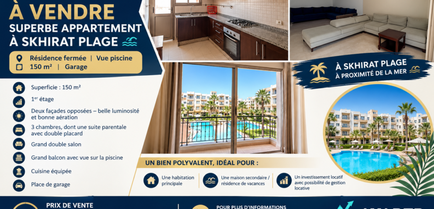 Appartement à vendre Skhirat Plage – 150 m² avec vue piscine
